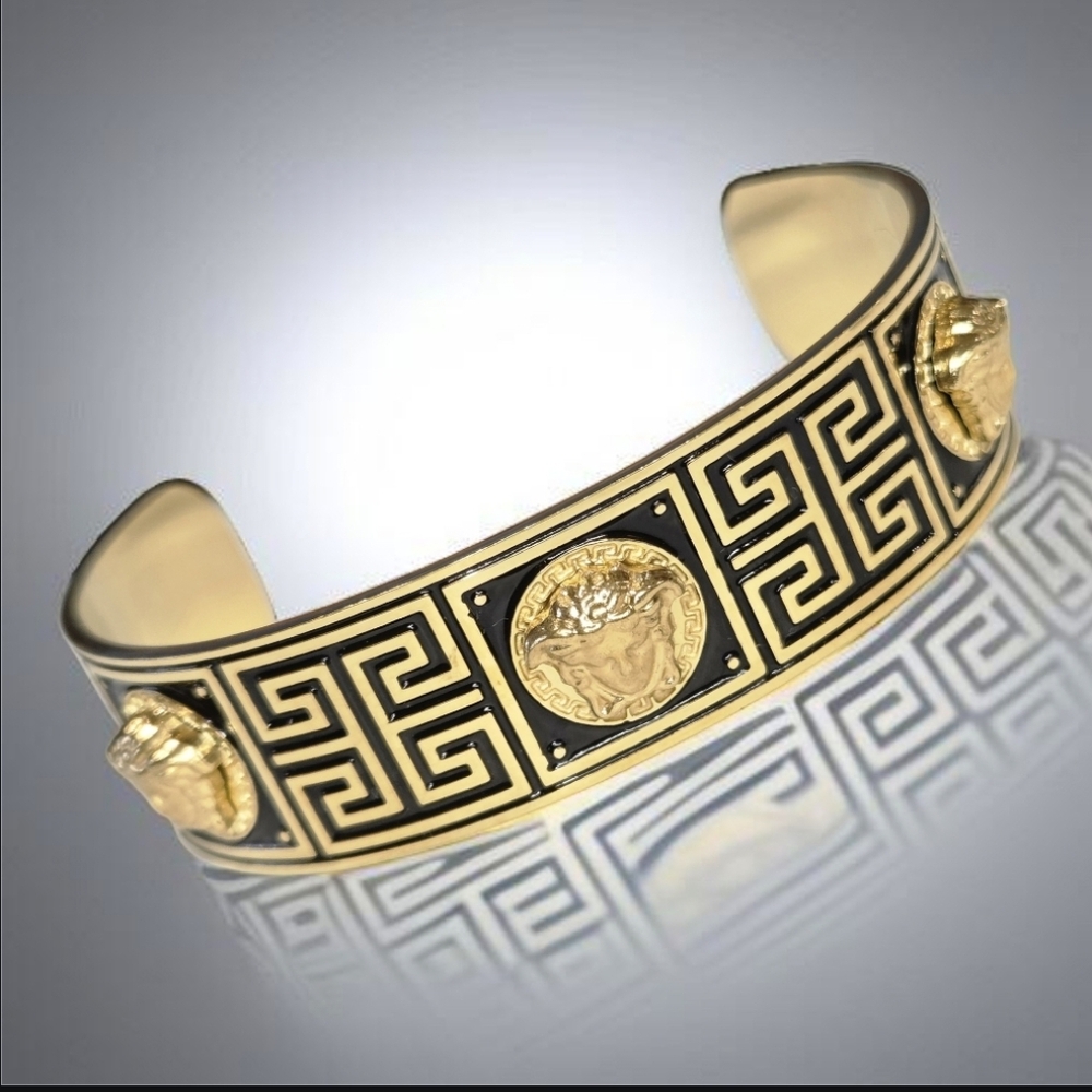 New 18k Gold Plated Luxury Medusa Greek Key Motif Cuff Bangle Bracelet